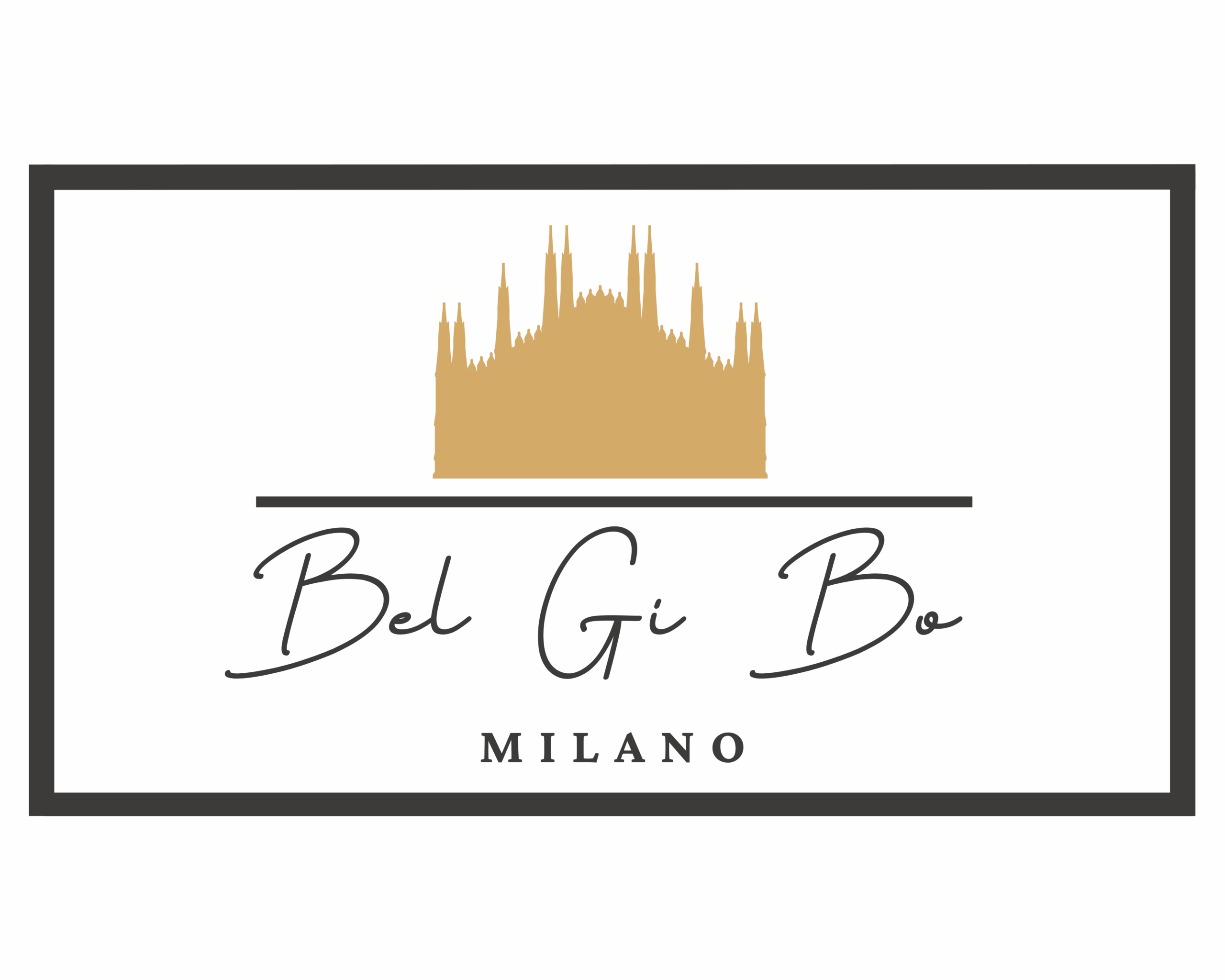 Logo Bel Gi Bo Milano con sagoma dorata del Duomo su sfondo nero