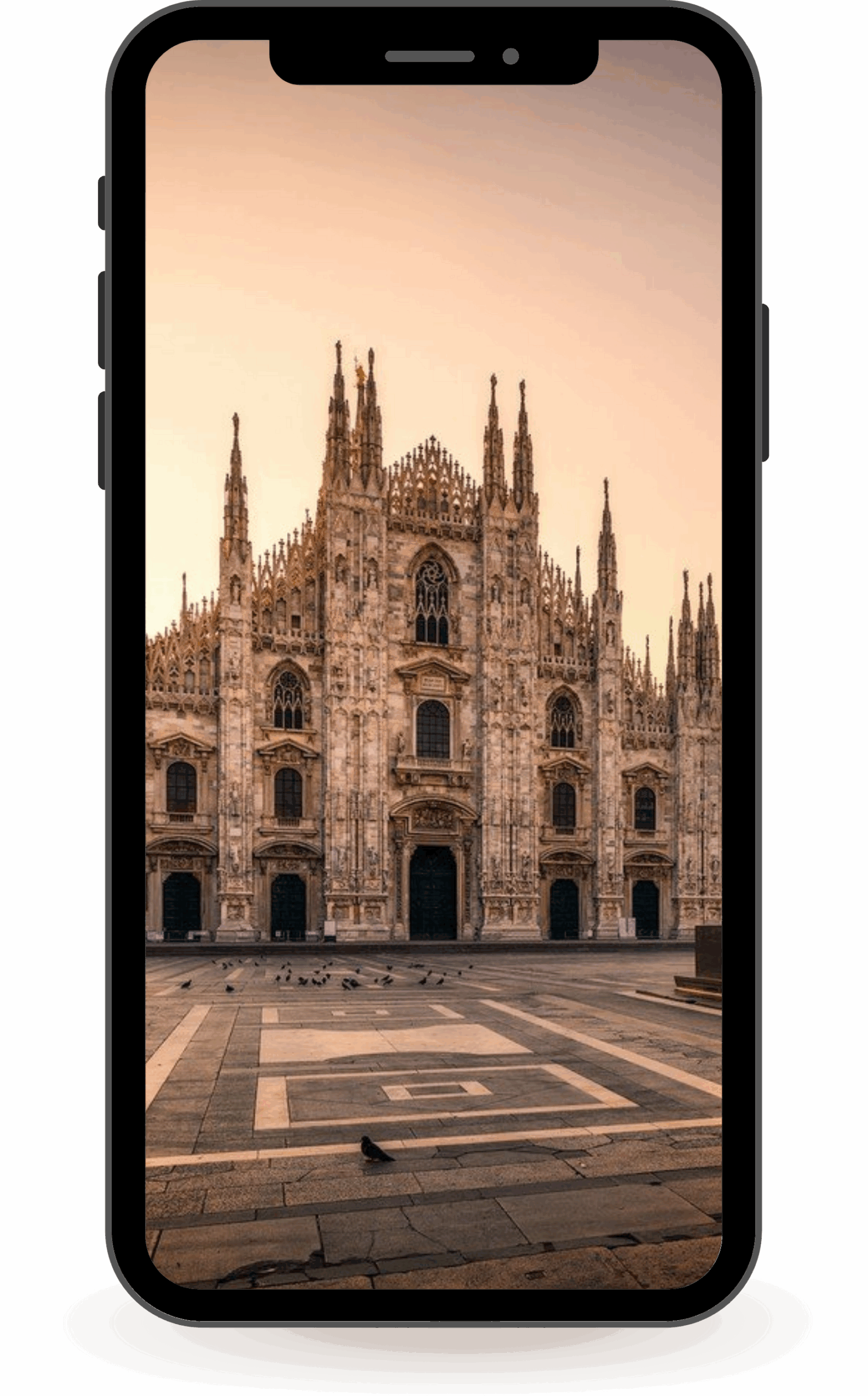 Duomo di Milano al tramonto all'interno di un'illustrazione di smartphone, simbolo di contatto mobile