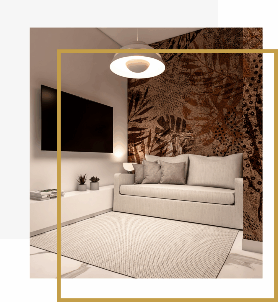 Soggiorno elegante dell'appartamento Michelangelo con divano chiaro, parete artistica e TV a parete