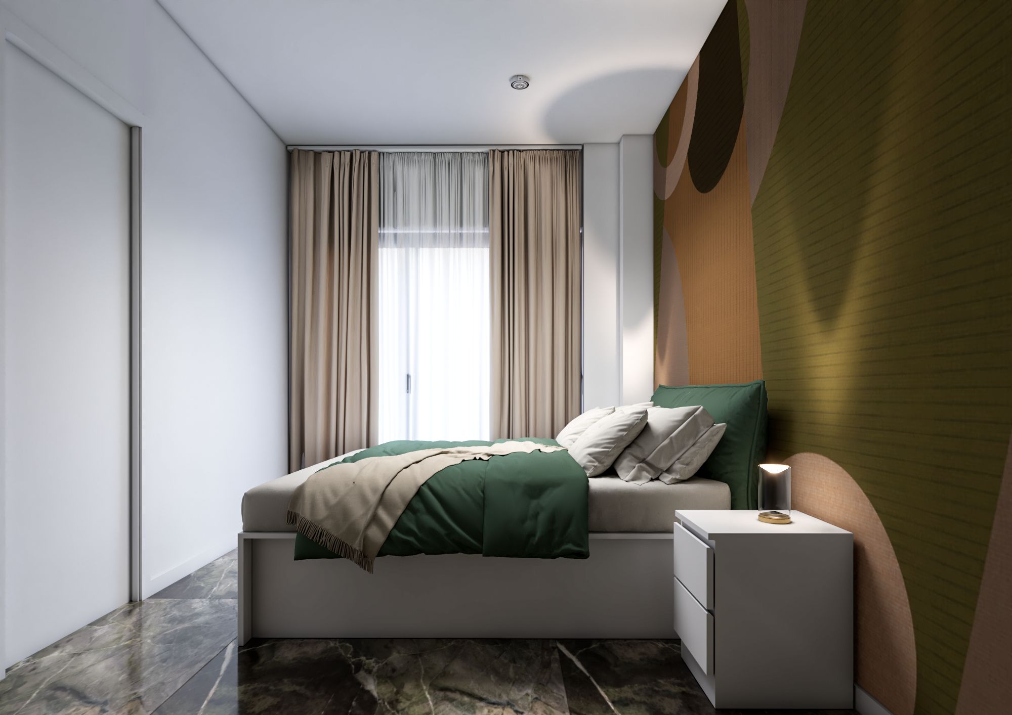 Letto matrimoniale con parete artistica e luce naturale - Appartamento Boccioni