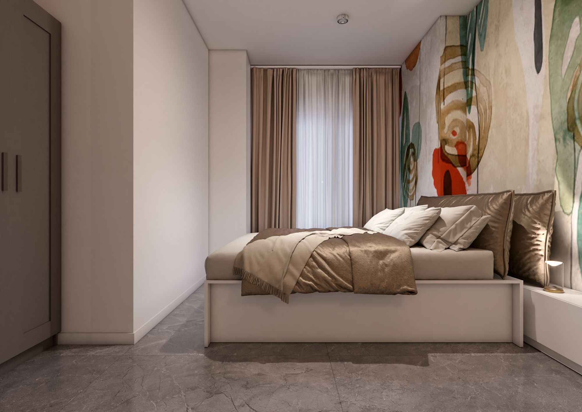 La camera dell’appartamento Caravaggio, un ambiente raffinato con elementi decorativi ispirati alla forza espressiva del pittore.