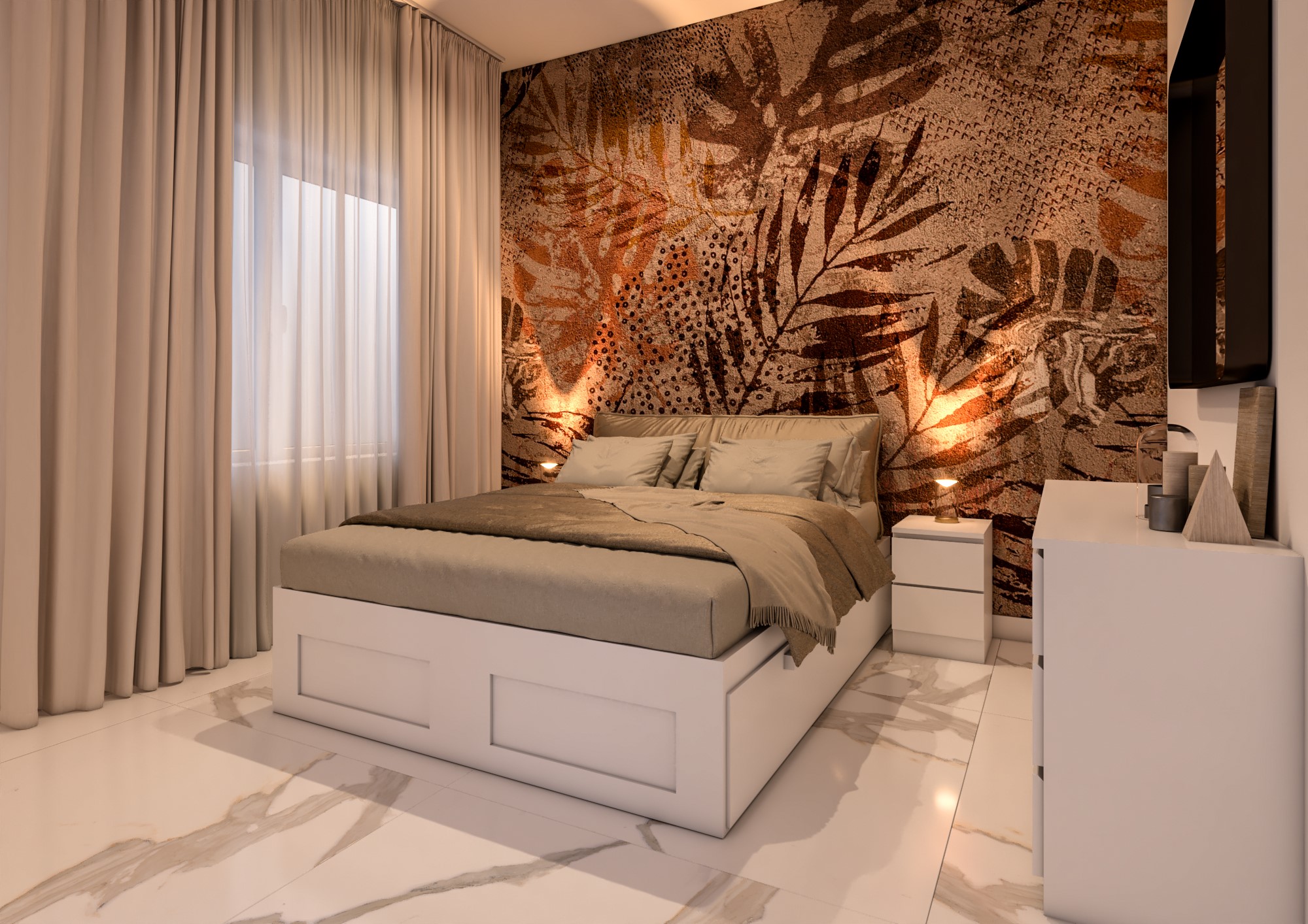 Dettagli caldi e design ricercato nella camera matrimoniale dell’appartamento Michelangelo