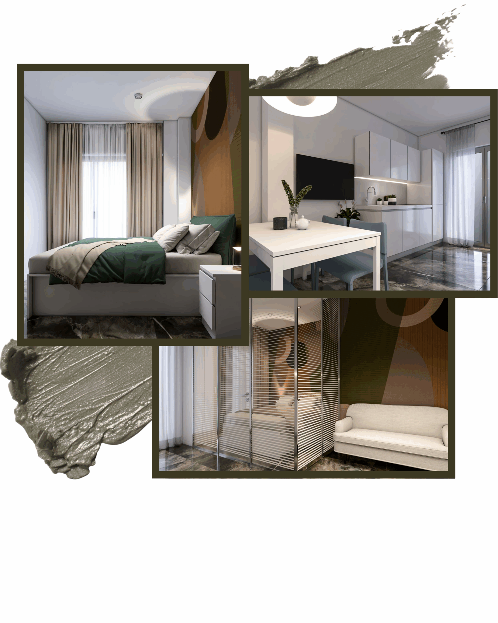 Composizione con foto della camera, cucina e soggiorno dell'appartamento Boccioni, con pennellata artistica di sfondo