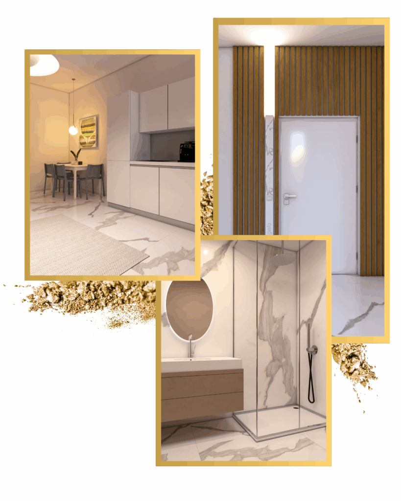 Collage con cucina, ingresso e bagno dell’appartamento Michelangelo