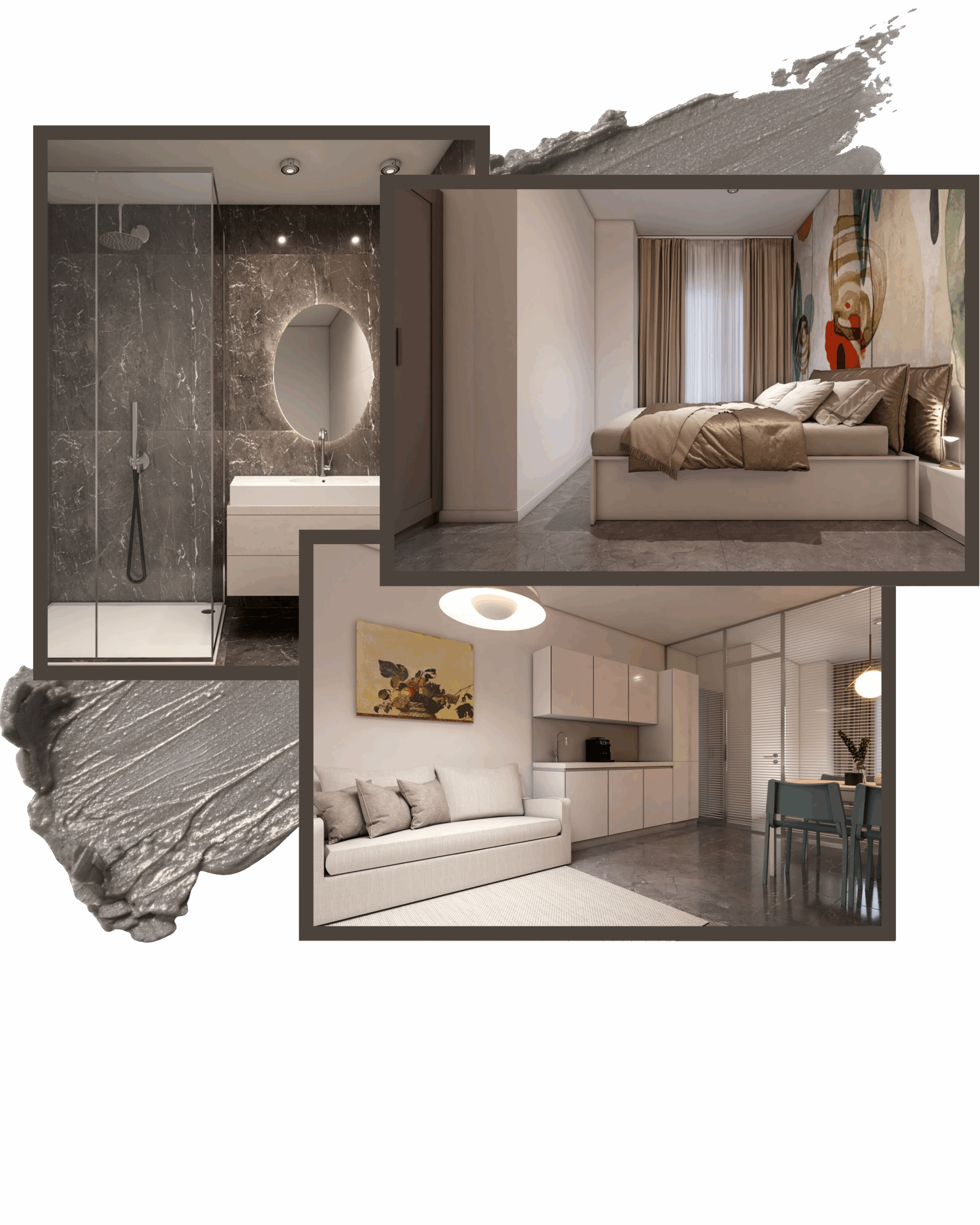 Composizione grafica con tre foto dell’appartamento Caravaggio e sfondo effetto pennellata grigia