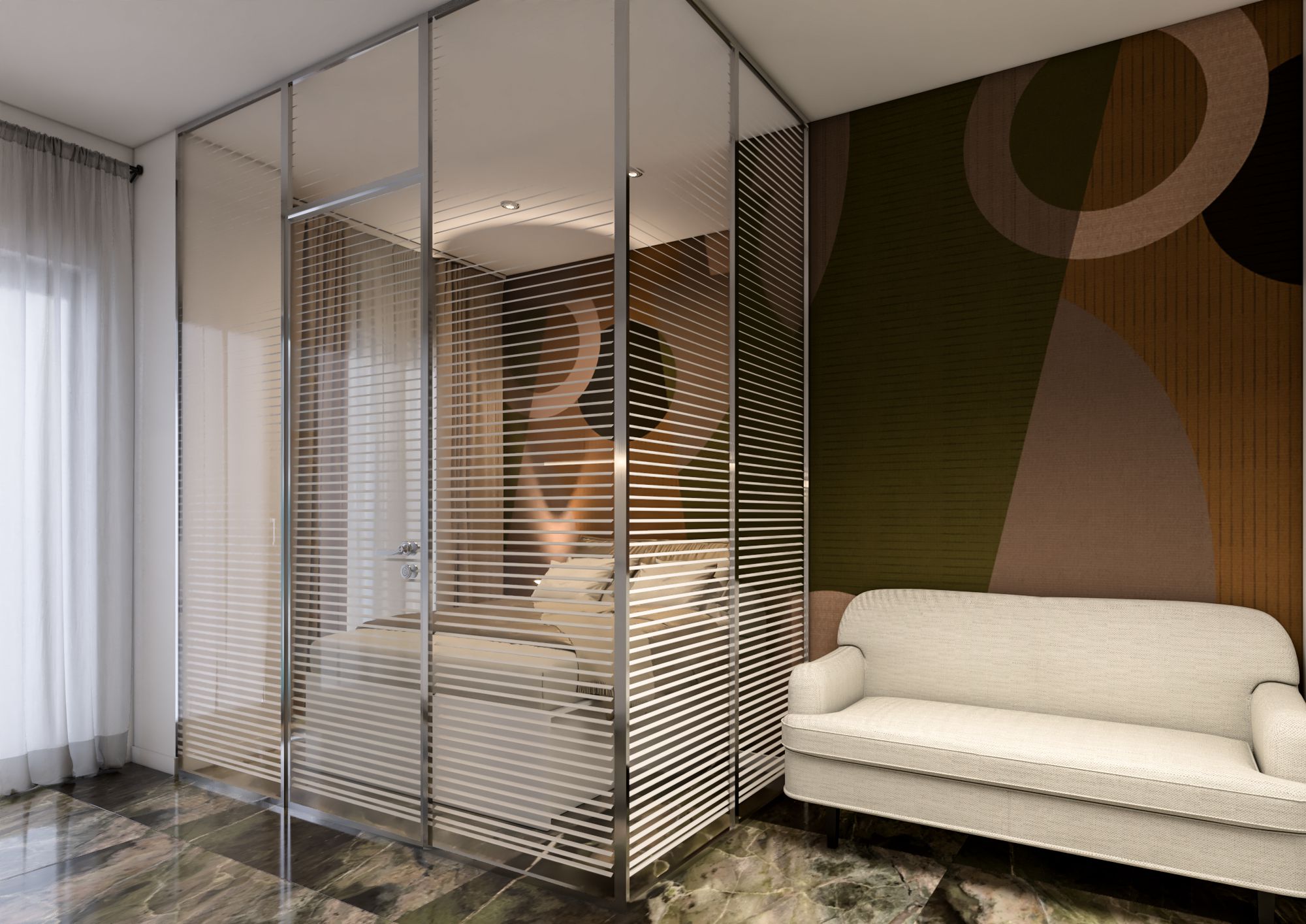 Letto con pareti in vetro e area relax con divano - Appartamento Boccioni