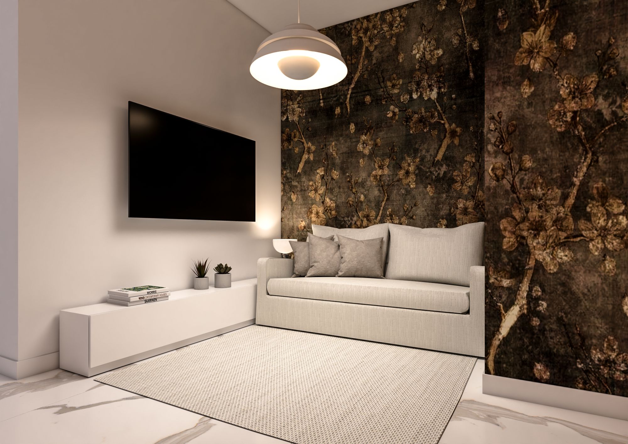 Questo accogliente soggiorno dell’appartamento Michelangelo è caratterizzato da un divano chiaro con cuscini coordinati, una parete floreale dal sapore artistico e una TV a schermo piatto. Lo stile sofisticato è completato da dettagli minimal e un’atmosfera rilassante.