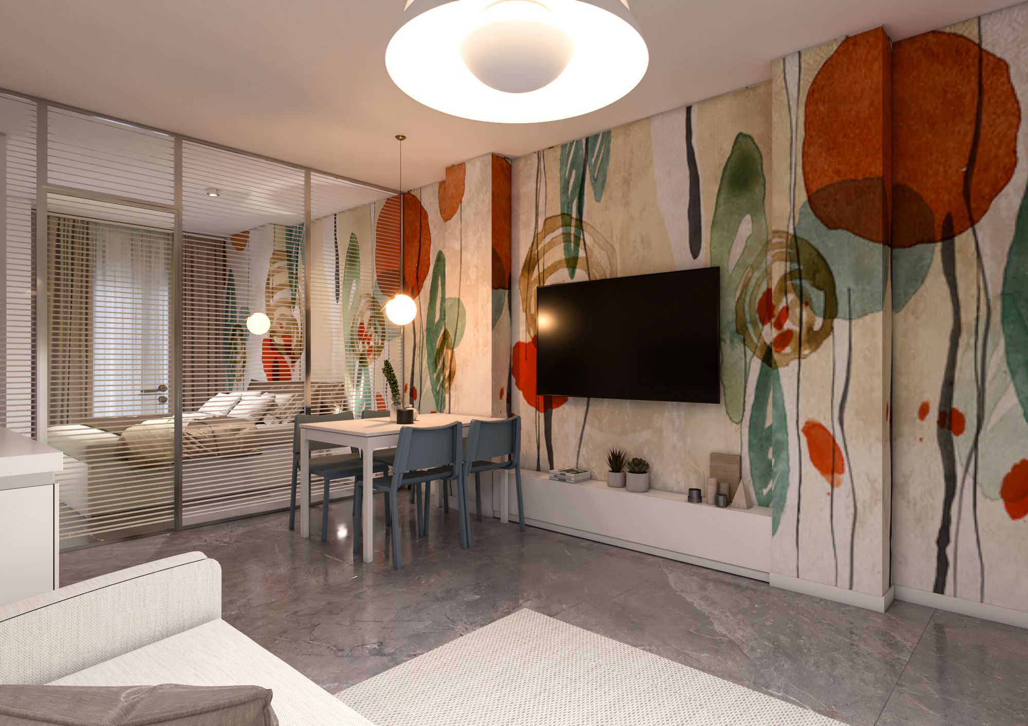 Una seconda angolazione della zona giorno dell’appartamento Caravaggio, con parete artistica e area pranzo.