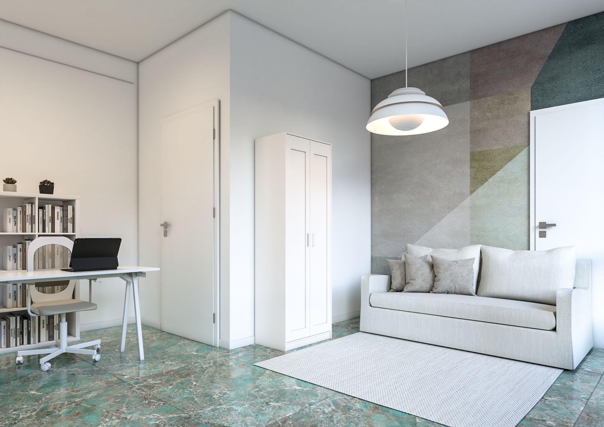 Vista dell’accogliente zona giorno dell’appartamento Manzoni, con divano chiaro, tappeto tessile e scrivania con libreria. Lo sfondo è decorato da una parete con motivi geometrici, in armonia con il pavimento in marmo verde.