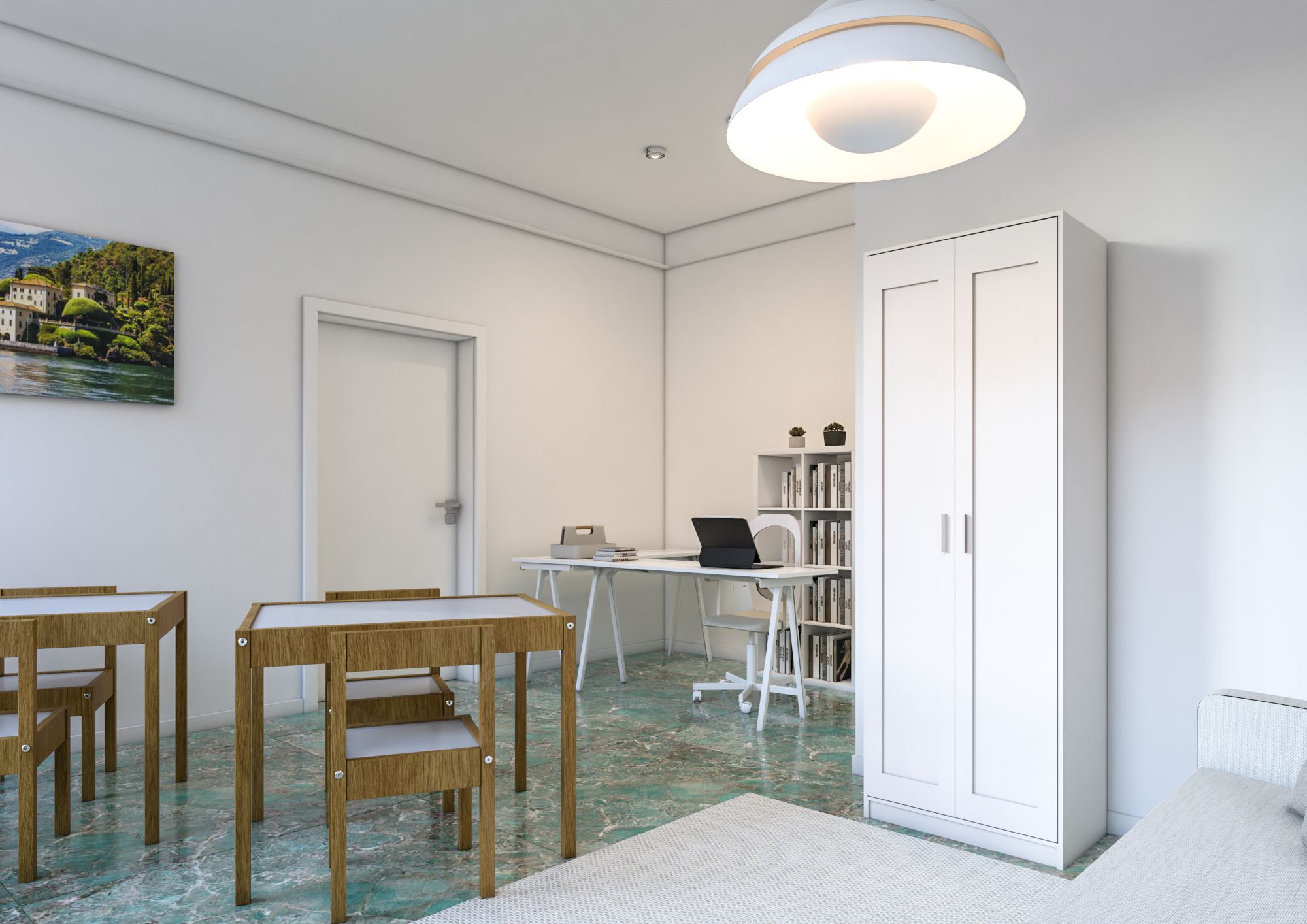 Zona studio e relax con libreria e tavolini – Appartamento Manzoni