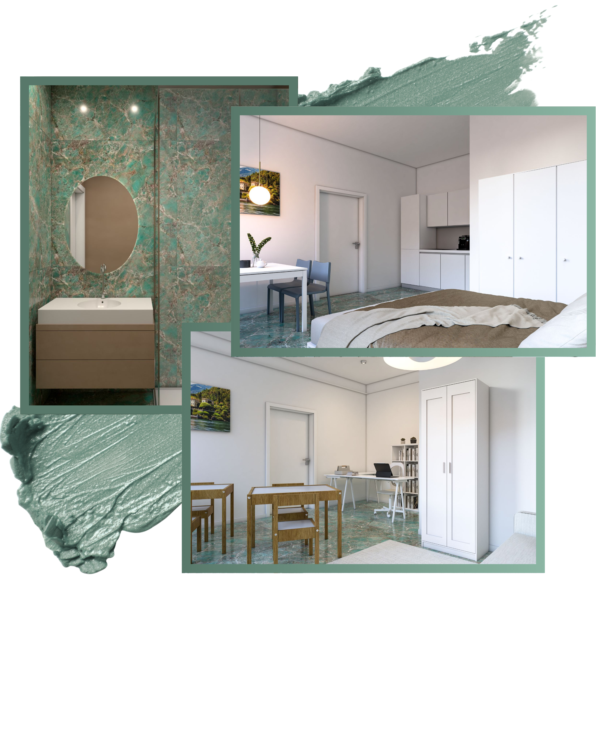 Collage dell'appartamento Manzoni con bagno in marmo verde, cucina, zona letto e area studio