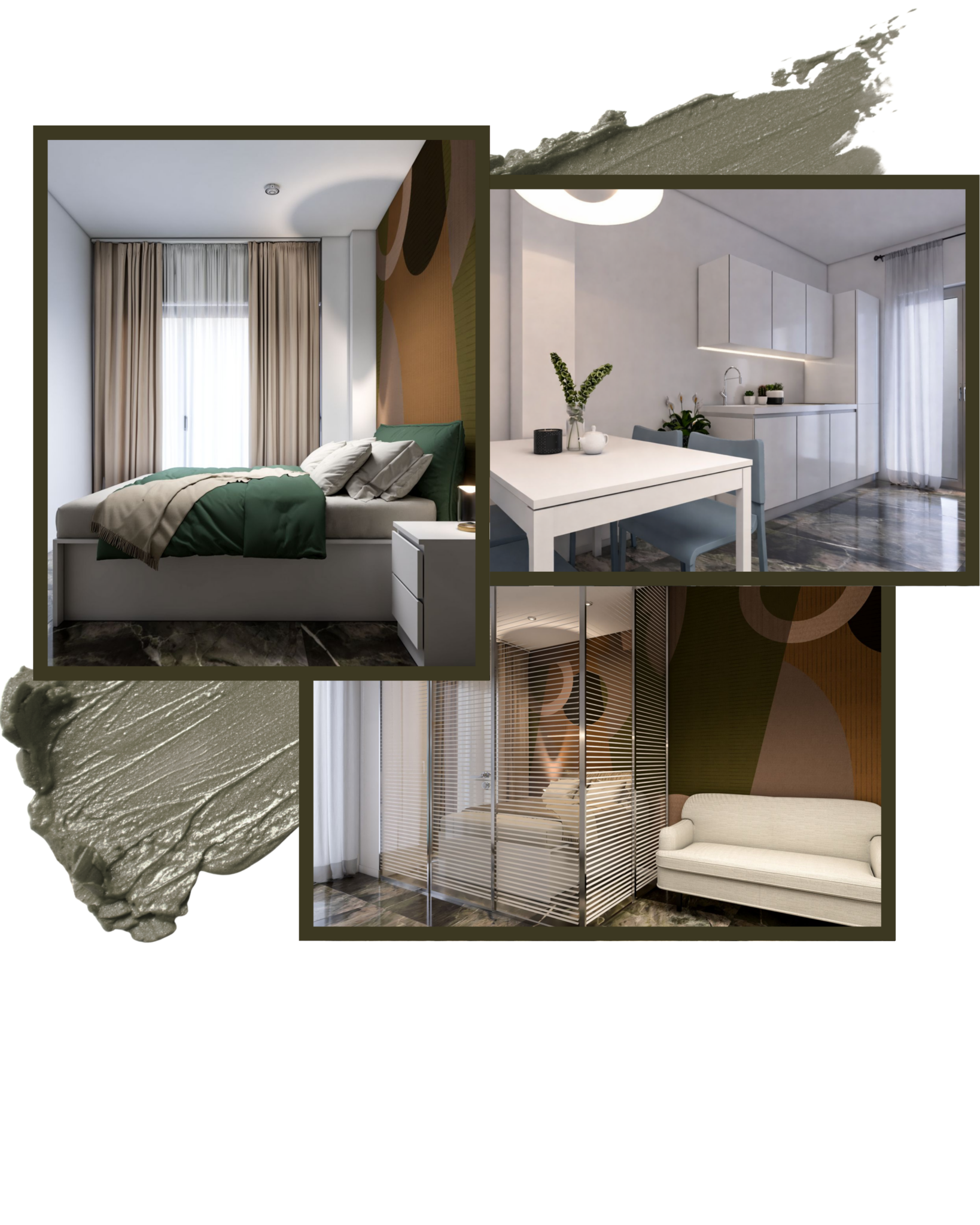 Composizione con foto della camera, cucina e soggiorno dell'appartamento Boccioni, con pennellata artistica di sfondo