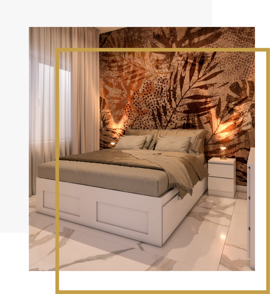 Camera matrimoniale elegante con parete decorativa e luci soffuse – appartamento Michelangelo